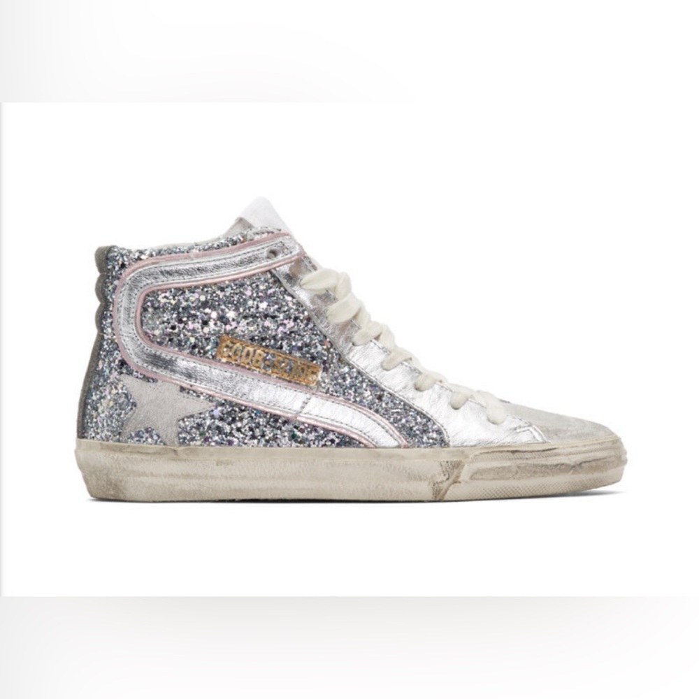 Golden Goose Silver and Pink Glitter Slide Sneakers